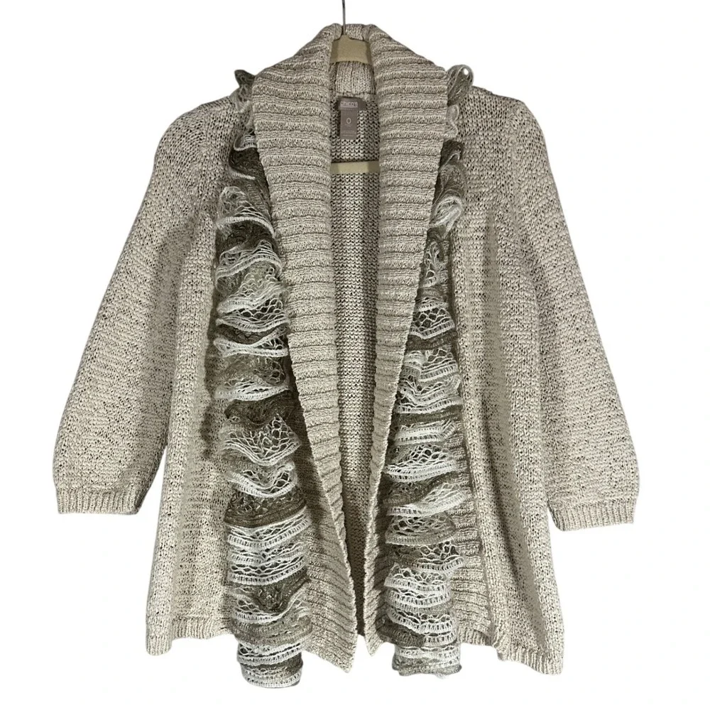Chicos‎ Open Front Knit Cardigan Sweater Sz 0, Small Ruffle Scarf Neutral Cotton